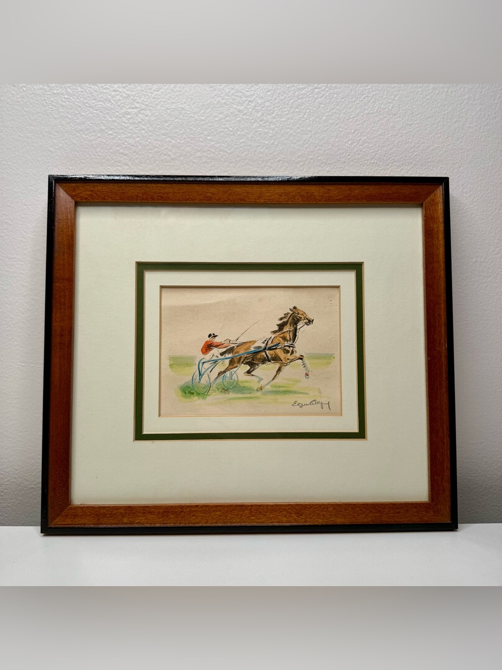 French Harness Horse Racing Lithograph Watercolor Vintage Framed Wall Art Signed
